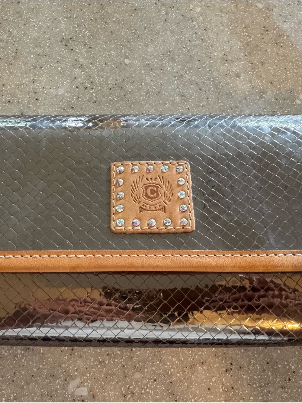 Consuela Taupe silver Clutch with Tan Trim and Crystal Accents
